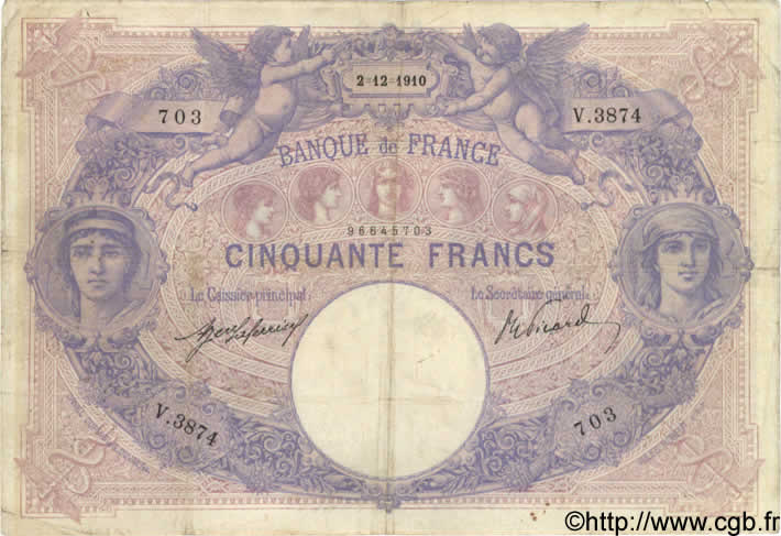 50 Francs BLEU ET ROSE FRANKREICH  1910 F.14.23 S
