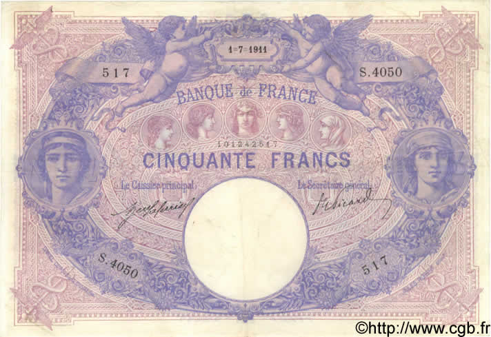 50 Francs BLEU ET ROSE FRANCE  1911 F.14.24 TTB
