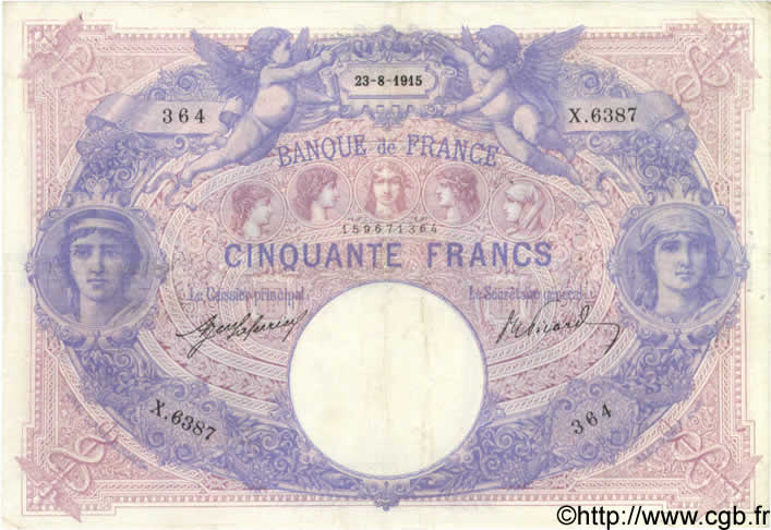 50 Francs BLEU ET ROSE FRANKREICH  1915 F.14.28 fSS