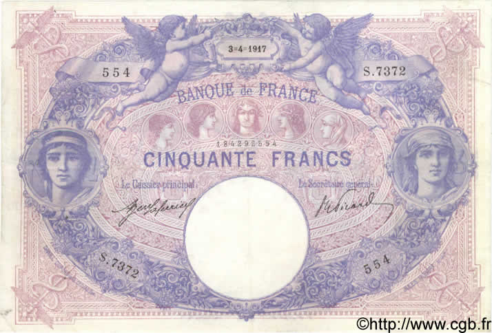 50 Francs BLEU ET ROSE FRANCE  1917 F.14.30 VF