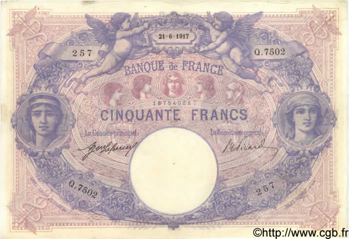 50 Francs BLEU ET ROSE FRANKREICH  1917 F.14.30 fVZ