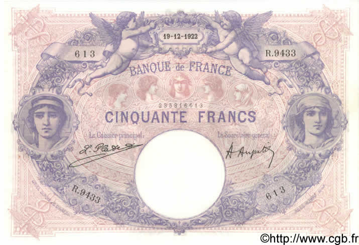 50 Francs BLEU ET ROSE FRANCE  1922 F.14.35 XF