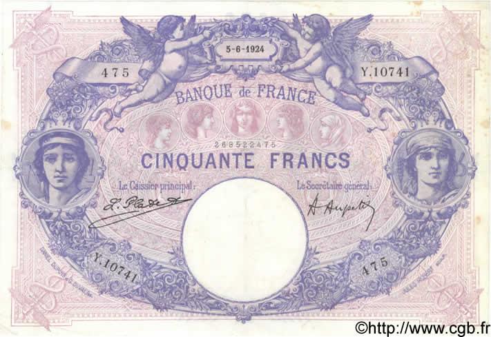 50 Francs BLEU ET ROSE FRANCE  1924 F.14.37 VF-