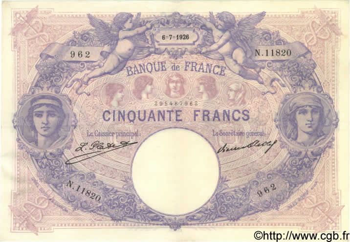 50 Francs BLEU ET ROSE FRANCE  1926 F.14.39 XF-