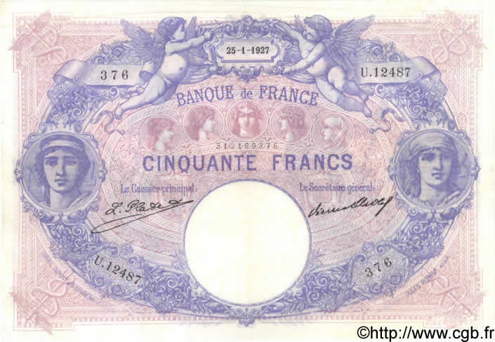 50 Francs BLEU ET ROSE FRANCIA  1927 F.14.40 MBC+