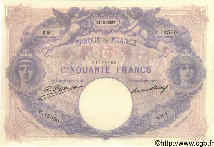 50 Francs BLEU ET ROSE FRANCE  1927 F.14.40 XF+