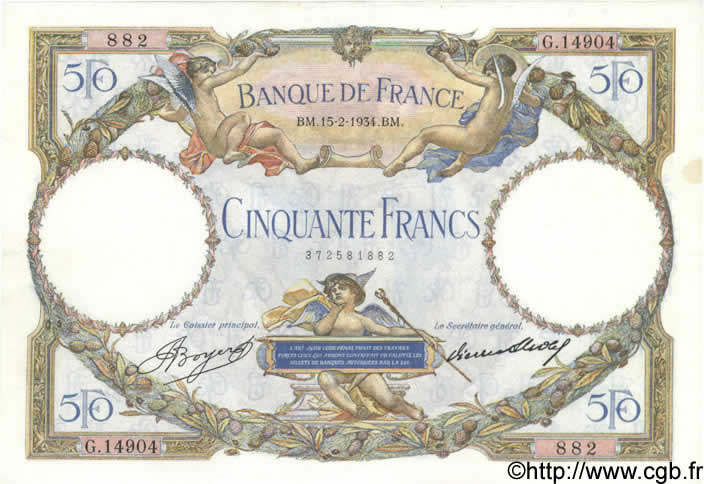 50 Francs LUC OLIVIER MERSON type modifié FRANCIA  1934 F.16.05 EBC