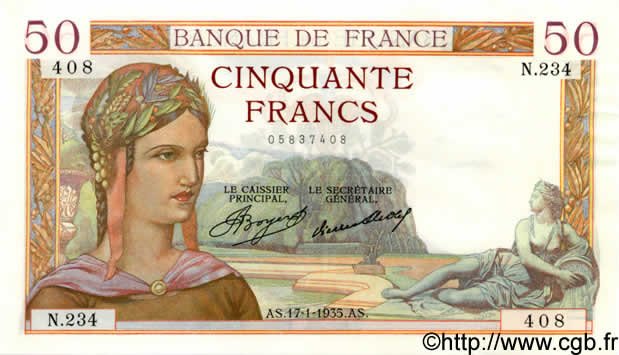 50 Francs CÉRÈS FRANCE  1935 F.17.03 UNC-
