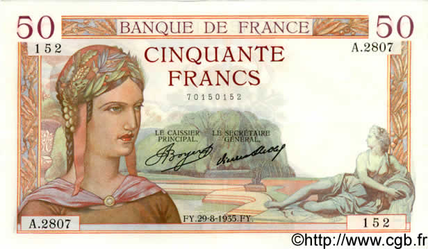 50 Francs CÉRÈS FRANCE  1935 F.17.15 XF+