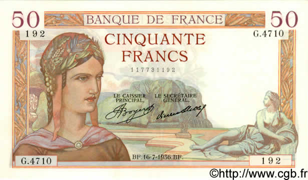 50 Francs CÉRÈS FRANCE  1936 F.17.28 UNC-
