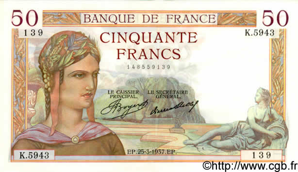 50 Francs CÉRÈS FRANKREICH  1937 F.17.36 fST+
