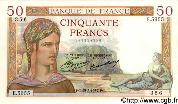 50 Francs CÉRÈS FRANCE  1937 F.17.36 pr.SPL