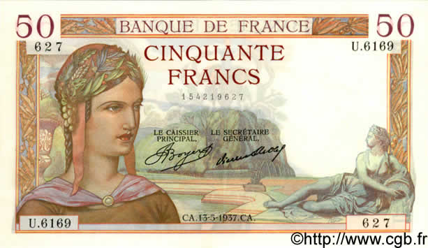 50 Francs CÉRÈS FRANCE  1937 F.17.38 AU
