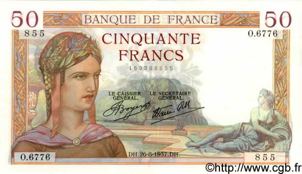 50 Francs CÉRÈS modifié FRANCE  1937 F.18.02 XF