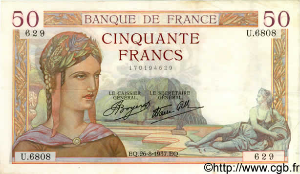 50 Francs CÉRÈS modifié FRANKREICH  1937 F.18.02 fVZ