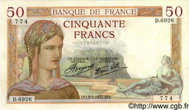 50 Francs CÉRÈS modifié FRANCE  1937 F.18.03 VF+
