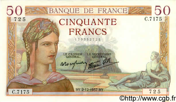 50 Francs CÉRÈS modifié FRANCE  1937 F.18.05 AU