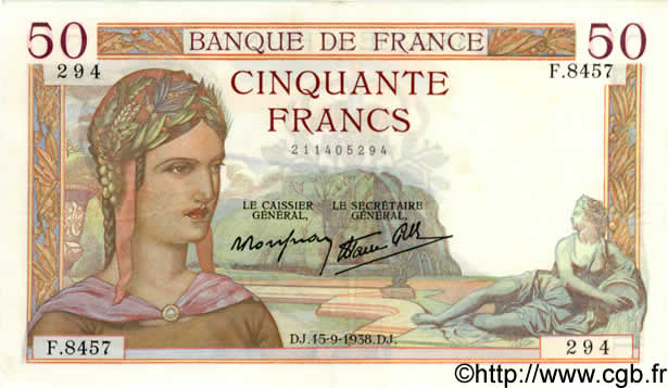 50 Francs CÉRÈS modifié FRANKREICH  1938 F.18.14 VZ