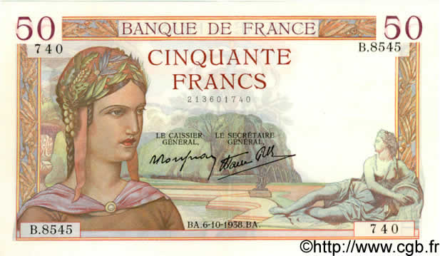 50 Francs CÉRÈS modifié FRANCE  1938 F.18.15 XF+
