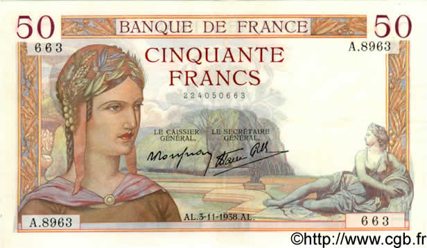 50 Francs CÉRÈS modifié FRANCIA  1938 F.18.18 q.AU