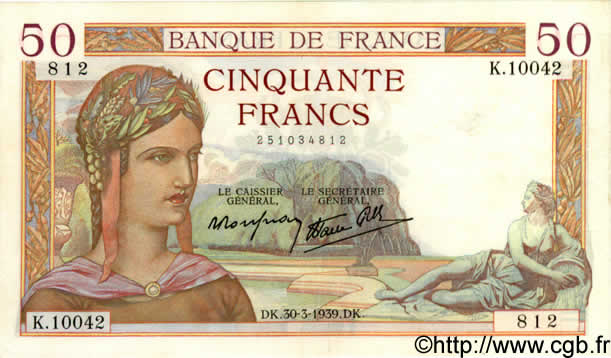 50 Francs CÉRÈS modifié FRANCIA  1939 F.18.24 q.AU