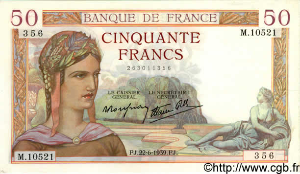 50 Francs CÉRÈS modifié FRANCE  1939 F.18.27 XF+