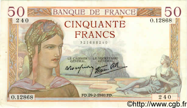 50 Francs CÉRÈS modifié FRANKREICH  1940 F.18.40 SS