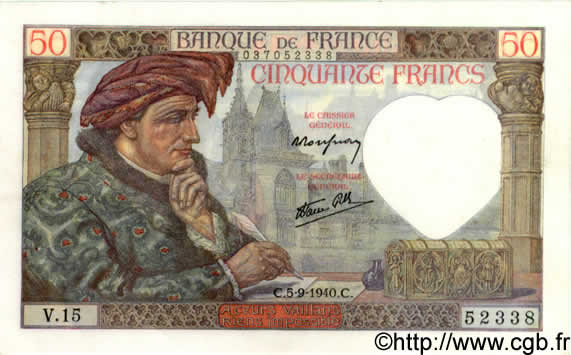 50 Francs JACQUES CŒUR FRANCE  1940 F.19.02 AU