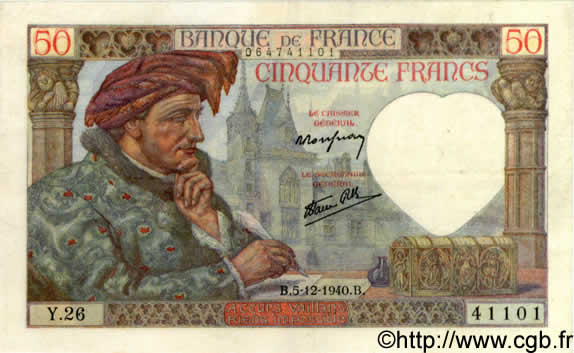 50 Francs JACQUES CŒUR FRANCE  1940 F.19.04 XF+