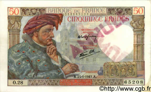 50 Francs JACQUES CŒUR FRANCIA  1941 F.19.05 AU