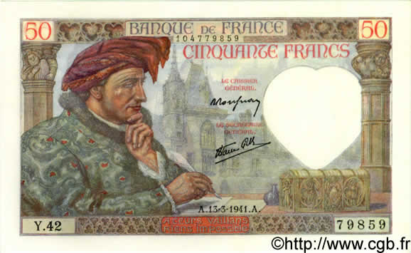 50 Francs JACQUES CŒUR FRANCE  1941 F.19.07 NEUF