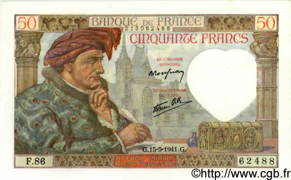 50 Francs JACQUES CŒUR FRANKREICH  1941 F.19.11 fST+