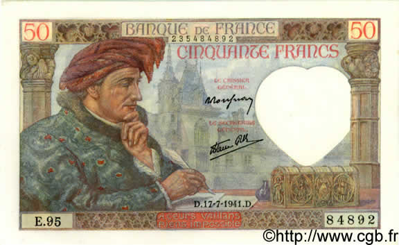 50 Francs JACQUES CŒUR FRANCE  1941 F.19.12 UNC
