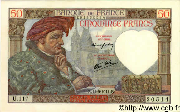 50 Francs JACQUES CŒUR FRANCIA  1941 F.19.14 FDC