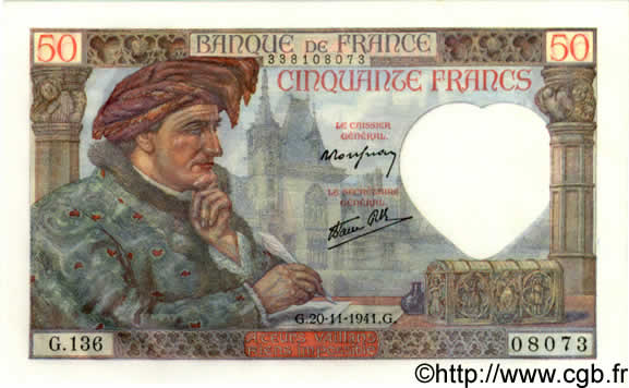 50 Francs JACQUES CŒUR FRANCIA  1941 F.19.16 FDC