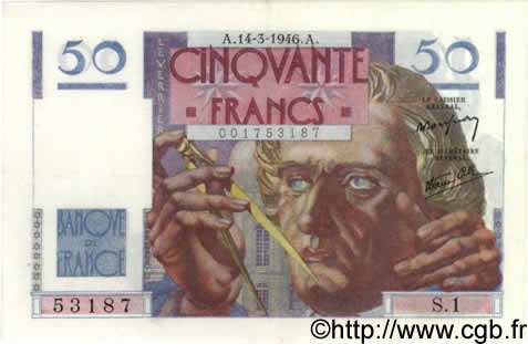 50 Francs LE VERRIER FRANCE  1946 F.20.01 AU