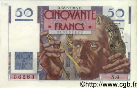 50 Francs LE VERRIER FRANCE  1946 F.20.02 AU