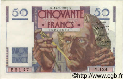 50 Francs LE VERRIER FRANCE  1949 F.20.11 AU-