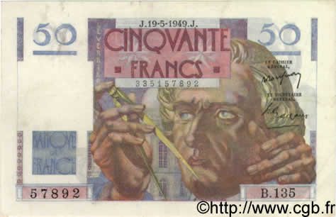 50 Francs LE VERRIER FRANCE  1949 F.20.12 XF-