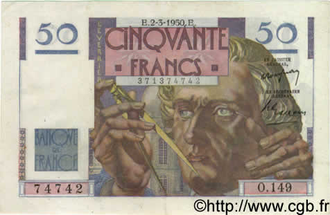 50 Francs LE VERRIER FRANCIA  1950 F.20.14 SPL+