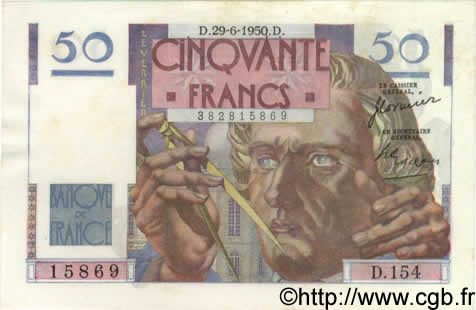 50 Francs LE VERRIER FRANCE  1950 F.20.15 AU+