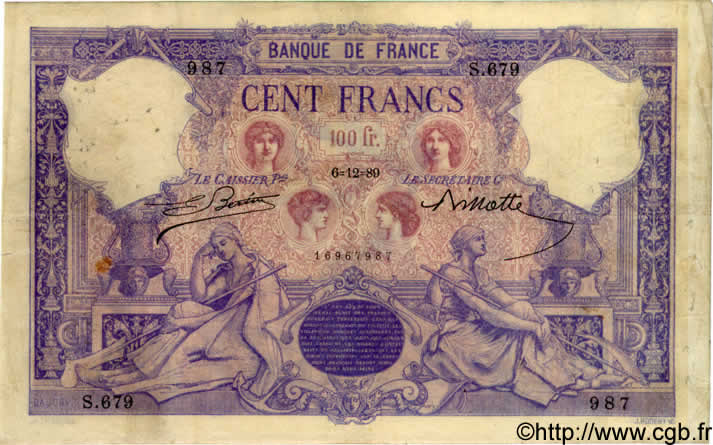 100 Francs BLEU ET ROSE FRANCE  1889 F.21.02 F+