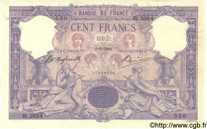 100 Francs BLEU ET ROSE FRANCIA  1900 F.21.14 q.SPL a SPL