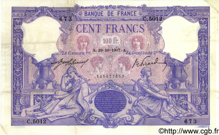 100 Francs BLEU ET ROSE FRANCE  1907 F.21.22 VF
