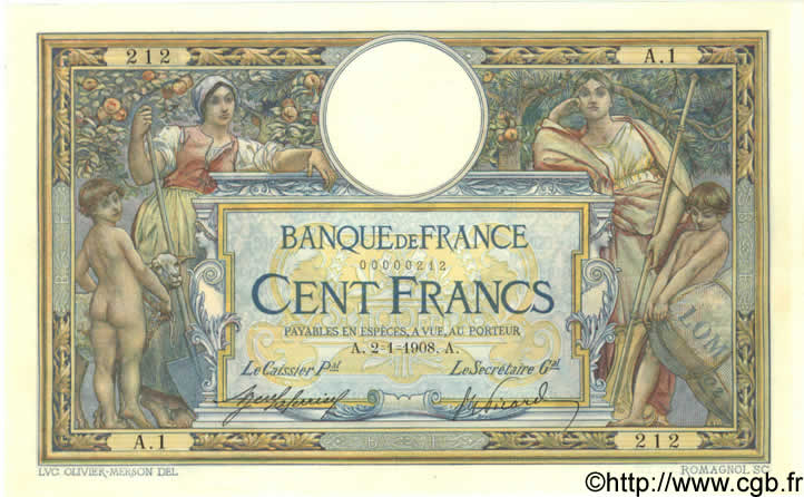 100 Francs LUC OLIVIER MERSON avec LOM FRANCE  1908 F.22.01A1 UNC-