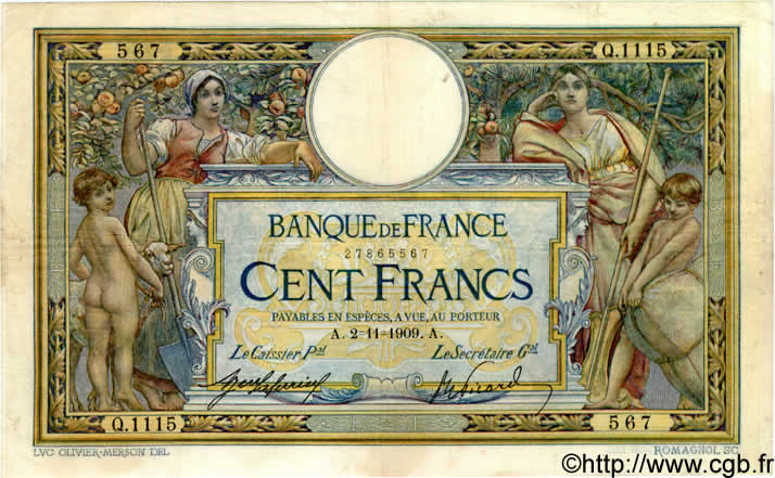 100 Francs LUC OLIVIER MERSON sans LOM FRANKREICH  1909 F.23.01 fSS to SS