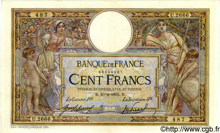 100 Francs LUC OLIVIER MERSON sans LOM FRANCIA  1915 F.23.07 EBC