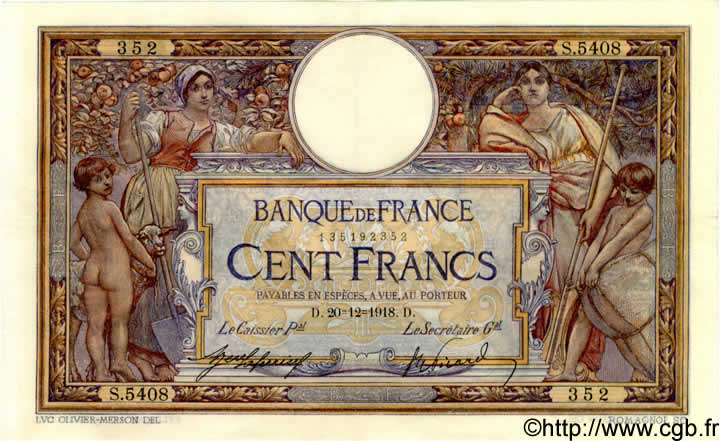 100 Francs LUC OLIVIER MERSON sans LOM FRANCE  1918 F.23.10 SUP
