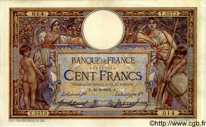 100 Francs LUC OLIVIER MERSON sans LOM FRANCE  1919 F.23.11 VF