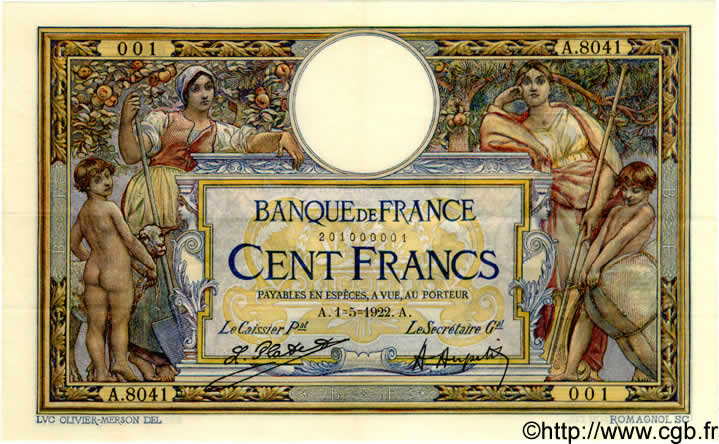 100 Francs LUC OLIVIER MERSON sans LOM FRANCE  1922 F.23.15 XF+